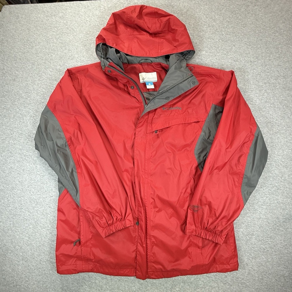 Columbia Jacket Mens Large Red Gray Omni-Shield Packable Hooded Rain Coat